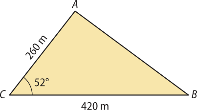 Imagem do triângulo A B C. Lado A C: 260 metros. Ângulo A C B: 52 graus.