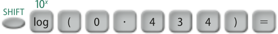 shift, log (10 elevado a x), abre parêntese, 0, multiplicação, 4, 3, 4, fecha parêntese e igual a