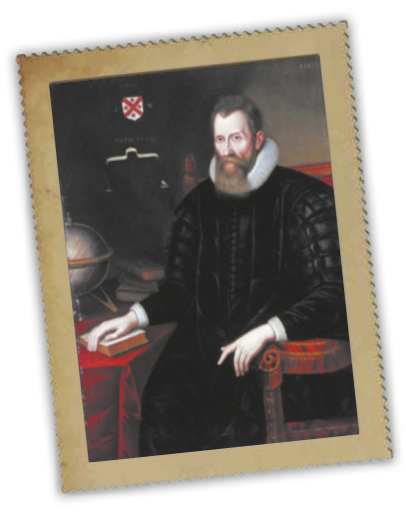 Imagem de quadro com pintura de John Napier sentado, com uma das mãos sobre um livro. Ele está vestido com uma túnica e tem uma barba longa.