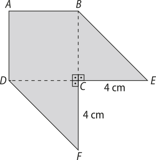 Imagem da figura A B C D E F, que pode ser decomposta no quadrado A B C D e nos triângulos B C E e C D F. Os segmentos C E e C F medem 4 centímetros.