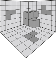 Imagem da projeção da figura sobre um plano horizontal, abaixo, e dois verticais e laterais. O da esquerda é secante ao da direita, e os dois são secantes ao plano horizontal. As sombras projetadas nele são as seguintes: Plano abaixo: quadrado com um quadrado adjacente abaixo e outro à direita. Plano à esquerda: quadrado com um quadrado adjacente abaixo e outro à direita. Plano à direita: quadrado com um quadrado adjacente acima e outro à direita. A sombra do plano à esquerda está deslocada para a esquerda e a do plano da direita, deslocada para cima.