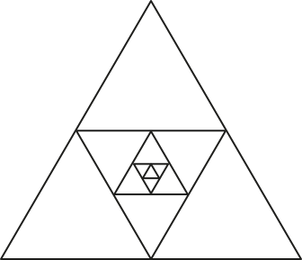 Imagem de triângulos equiláteros em fractal. Há um triângulo maior, com um vértice para cima, com um triângulo com um vértice para baixo inscrito nele. Dentro deste triângulo, há outro triângulo menor com um vértice para baixo. Dentro deste triângulo, há outro triângulo menor com um vértice para cima.