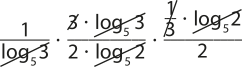um sobre log de 3 na base 5 vezes abre parêntese 3 vezes log de 3 na base 5 fecha parêntese sobre abre parêntese dois vezes log de dois na base 5 vezes abre parêntese y sobre 3 vezes log de dois na base 5 fecha parêntese sobre dois. O numerador 3 se anula com o denominador 3 de y sobre 3. O denominador log de 3 na base 5 se anula com o numerador log de 3 na base 5. O denominador log de dois na base 5 se anula com o numerador log de dois na base 5.