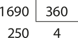 Imagem de conta armada de divisão. Dividendo: 1.690. Divisor: 360. Quociente: 4. Resto: 250.