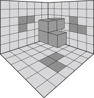 Imagem semelhante à anterior, agora com a sombra do plano horizontal sendo um quadrado com outro adjacente abaixo e outro à direita. As 3 sombras não estão deslocadas em relação ao sólido.