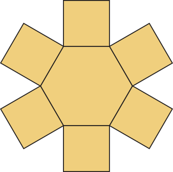 Imagem de um hexágono regular com um quadrado adjacente a cada um de seus lados.