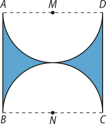 Imagem de um quadrado A B C D com duas semicircunferências traçadas. Uma delas tem o lado A D como diâmetro, com ponto central M, e a outra tem o lado B C como diâmetro, com ponto central N. As áreas do quadrado que estão fora das semicircunferências estão em azul.