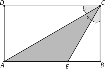 Imagem do retângulo A B C D com o triângulo sombreado A C E inscrito nele. O ângulo B C D equivale a 3 vezes o ângulo A C E. O retângulo também pode ser decomposto nos triângulos A C D e B C E, cujos ângulos do vértice C são iguais aos do vértice C do triângulo sombreado.