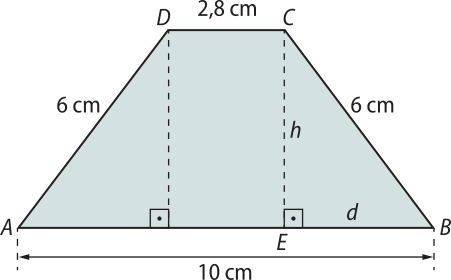 Imagem de um trapézio A maiúsculo B maiúsculo C maiúsculo D maiúsculo. A base maior tem 10 centímetros, a menor, 2,8 centímetros e a altura é h. Os dois lados inclinados dele medem 6 centímetros, cada.  A altura representa o segmento de reta C maiúsculo E maiúsculo, estando E maiúsculo em um ponto no lado A maiúsculo B maiúsculo, mais próximo deste último. O trapézio está decomposto em dois triângulos retângulos e um retângulo, e um dos triângulos apresenta as seguintes medidas: Cateto maior: h. Cateto menor: d minúsculo. Hipotenusa: 6 centímetros. O retângulo tem base maior igual a h e base menor igual a 2,8 centímetros.