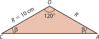 Imagem do triângulo A O C. Medidas dos lados: A O e C O: R. R é igual a 10 centímetros. Medidas dos ângulos: A O C: 120 graus. C A O e A C O: beta.