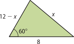 Imagem de um triângulo com os lados iguais a x, 12 menos x e 8. O ângulo entre os lados que medem 12 menos x e 8 tem 60 graus.
