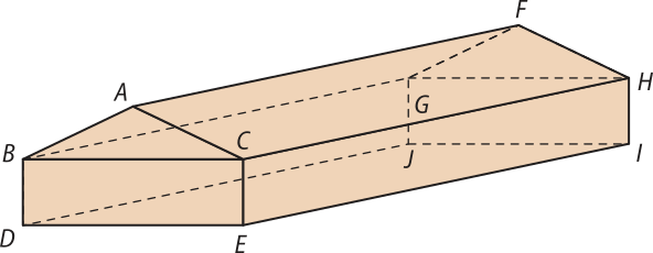 Imagem da figura espacial A B C D E F G H I J. Ela pode ser decomposta em um bloco retangular e uma pirâmide de base retangular. Exemplos de par de retas reversas: A B e E I. Exemplos de par de retas coplanares: A B e A C. Exemplos de pares de retas concorrentes: A C e B A, F H e H I. Exemplos de pares de retas reversas: C E e H I, B C e D E.