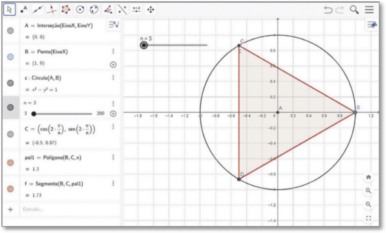 Imagem de tela do GeoGebra com o triângulo B C D inscrito em uma circunferência. Na tela de álgebra há a notação pol um igual a polígono B C n igual a 1,3.