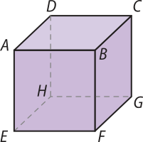 Imagem do cubo A B C D E F G H. A aresta A D é reversa em relação a C G e a E F. A aresta C G é reversa em relação a A D e a E F. A aresta E F é reversa em relação a A D e a C G.