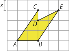 Imagem de malha quadriculada com quadradinhos de lado x, com uma figura de 5 lados, irregular. Ela pode ser decomposta em dois triângulos: O primeiro é o triângulo A B C, cujo cateto maior, B C, mede 3 x e o cateto menor, A B, mede dois x. O segundo é o triângulo B D E, com o lado B D medindo dois x. A base B E é paralela à hipotenusa A C, do primeiro triângulo, e tem a mesma medida dela.