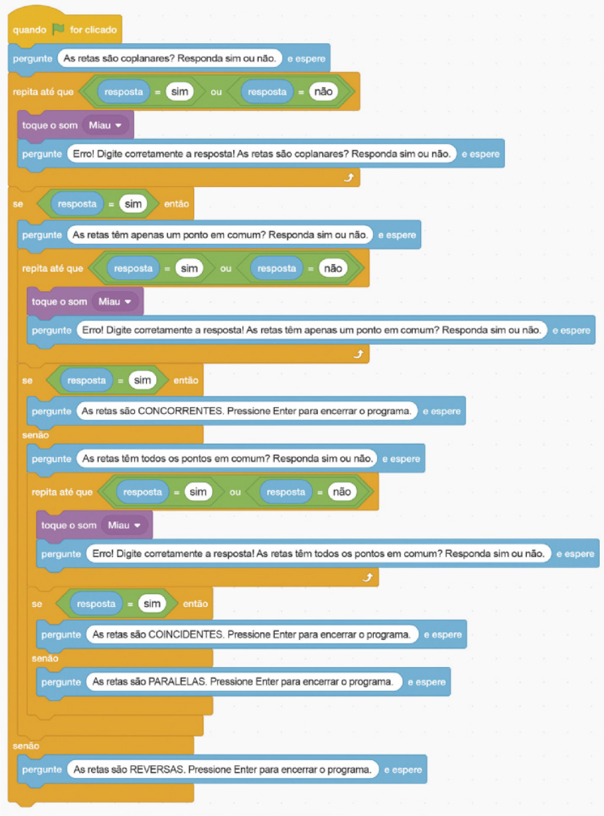 Imagem da seguinte sequência de comandos do scratch: Comando amarelo: Quando bandeira for clicado. Comandos azul-claro: Pergunte As retas são coplanares? Responda sim ou não. E espere. O trecho As retas são coplanares? Responda sim ou não está em uma caixa de texto. Inseridos no comando laranja-escuro: Repita até que: Comando verde: resposta igual a sim ou resposta igual a não. A palavra 'resposta'está em uma caixa azul-clara. Comando lilás: toque o som miau. Comando azul-claro: Pergunte Erro! Digite corretamente a resposta! As retas são coplanares? Responda sim ou não. E espere. O trecho Erro! Digite corretamente a resposta! As retas são coplanares? está em uma caixa de texto. Se: Comando verde: resposta igual a sim. A palavra 'resposta'está em uma caixa azul-clara. Então: Comando azul-claro: Pergunte As retas têm apenas um ponto em comum? Responda sim ou não. E espere. O trecho As retas têm apenas um ponto em comum? Responda sim ou não está em uma caixa de texto. Inseridos no comando laranja-escuro: Repita até que: Comando verde: resposta igual a sim ou resposta igual a não. A palavra 'resposta'está em uma caixa azul-clara. Comando lilás: toque o som miau. Comando azul-claro: Pergunte Erro! Digite corretamente a resposta! As retas têm apenas um ponto em comum? Responda sim ou não. E espere. O trecho Erro! Digite corretamente a resposta! As retas têm apenas um ponto em comum? está em uma caixa de texto. Se: Comando verde: resposta igual a sim. A palavra 'resposta'está em uma caixa azul-clara. Então: Comando azul-claro: Pergunte As retas são CONCORRENTES. Pressione Enter para encerrar o programa. E espere. O trecho As retas são CONCORRENTES. Pressione Enter para encerrar o programa está em uma caixa de texto. Senão: Comando azul-claro: Pergunte As retas têm todos os pontos em comum? Responda sim ou não. E espere. O trecho As retas têm todos os pontos em comum? Responda sim ou não está em uma caixa de texto. Inseridos no comando laranja-escuro: Repita até que: Comando verde: resposta igual a sim ou resposta igual a não. A palavra 'resposta'está em uma caixa azul-clara. Comando lilás: toque o som miau. Comando azul-claro: Pergunte Erro! Digite corretamente a resposta! As retas têm todos os pontos em comum? Responda sim ou não. E espere. O trecho Erro! Digite corretamente a resposta! As retas têm todos os pontos em comum? está em uma caixa de texto. Se: Comando verde: resposta igual a sim. A palavra 'resposta'está em uma caixa azul-clara. Então: Comando azul-claro: Pergunte As retas são COINCIDENTES. Pressione Enter para encerrar o programa. E espere. O trecho As retas são COINCIDENTES. Pressione Enter para encerrar o programa está em uma caixa de texto. Senão: Comando azul-claro: Pergunte As retas são PARALELAS. Pressione Enter para encerrar o programa. E espere. O trecho As retas são PARALELAS. Pressione Enter para encerrar o programa está em uma caixa de texto. Senão: Comando azul-claro: Pergunte As retas são REVERSAS. Pressione Enter para encerrar o programa. E espere. O trecho As retas são REVERSAS. Pressione Enter para encerrar o programa está em uma caixa de texto.