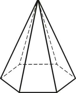 Imagem de uma pirâmide de base hexagonal, com 6 faces triangulares, iguais. Ela tem 24 pares de arestas reversas.