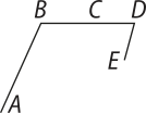 Imagem representando o caminho percorrido pela formiga. Trecho A B: reta longa inclinada para cima e para a direita. Segmento B D: reta horizontal para a direita. O ponto C está contido nela. Segmento D E: reta curta inclinada para baixo e para a esquerda.