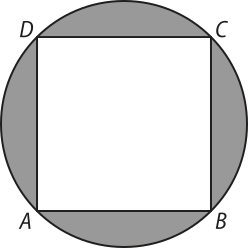 Imagem do quadrado A B C D inscrito em uma circunferência. A área pertencente somente ao círculo está sombreada.