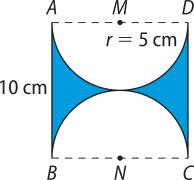 Imagem de um quadrado A B C D com duas semicircunferências traçadas. Uma delas tem o lado A D como diâmetro, com ponto central M, e a outra tem o lado B C como diâmetro, com ponto central N. As áreas do quadrado que estão fora das semicircunferências estão em azul. Está indicado que o lado do quadrado mede 10 centímetros e que o raio dos semicírculos mede 5 centímetros.