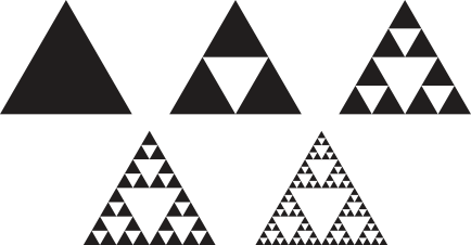 Imagem de sequência com as seguintes figuras: Primeira figura: um triângulo preto. Segunda figura: um triângulo composto por 3 triângulos pretos e um triângulo branco. Terceira figura: um triângulo composto por 9 triângulos e 4 triângulos brancos. Quarta figura: um triângulo composto por 27 triângulos e 13 triângulos brancos. Quinta figura: um triângulo composto por 81 triângulos e 40 triângulos brancos.