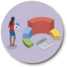 Ilustração de uma mulher segurando um notebook enquanto observa barras circulares de um gráfico ao redor de uma calculadora.