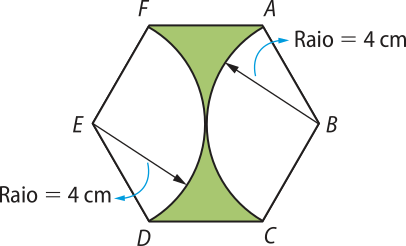 Imagem do hexágono regular A B C D E F. Inscritos nele há dois setores circulares iguais e espelhados, que ocupam a área entre os vértices A B C e D E F. Eles têm raios iguais a 4 centímetros, que tangenciam no centro do hexágono. Entre eles há uma área colorida em verde.