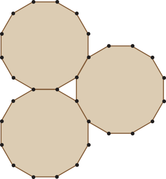 Imagem de 3 dodecágonos regulares. Cada um deles compartilha dois lados, cada um com um dos adjacentes, de modo que há um espaço vario entre eles no formato de um triângulo equilátero.