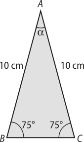 Imagem do triângulo A B C. Medidas dos lados: A B e A C: 10 centímetros A C: 10 centímetros. Medidas dos ângulos: B A C: alfa. A B C e A C B: 75 graus.
