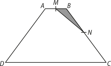 Imagem de um trapézio A B C D com um ponto M em A B e um ponto N em B C. Há um segmento de reta traçado entre M e N, formando o triângulo B M N, que está hachurado.