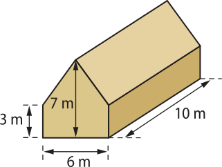Ilustração de um prisma de base pentagonal. O prisma está apoiado sobre sua face lateral: um retângulo de 10 metros de comprimento e 6 metros de largura. Os pentágonos das bases possuem dois lados consecutivos maiores que os demais. Os outros lados têm medidas 3 metros, 6 metros e 3 metros, sendo que o lado de medida 6 metros é o lado sobre o qual o prisma está apoiado. A altura deste pentágono, medida que vai desde o lado de 6 metros até o vértice superior que liga os dois lados maiores, é 7 metros.