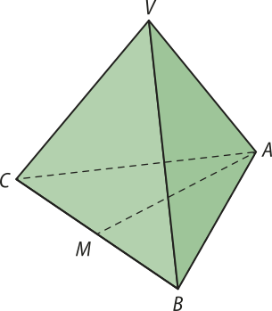 Ilustração de um tetraedro A B C V. Ele está apoiado sobre a face A C B. Há um segmento pontilhado ligando o vértice 'A' a um ponto M no lado B C.