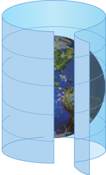 Ilustração de um cilindro envolvendo um globo terrestre.