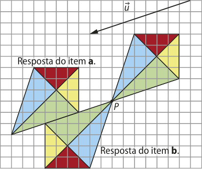 Ilustração de três pipas em malha quadriculada. Elas possuem formato quadrangular, com um par de lados de maior medida que o outro. O vértice onde se ligam estes dois lados maiores é denominado P. O ponto P é vértice de uma segunda pipa, igual a primeira, que está voltada para o lado oposto. Ao lado dela está escrito 'Resposta do item b'. Logo abaixo e à esquerda da primeira pipa há uma terceira, na mesma posição. Acima dela está escrito 'Resposta do item a'. Sobre a primeira pipa há um vetor 'u', orientado na direção da terceira pipa.