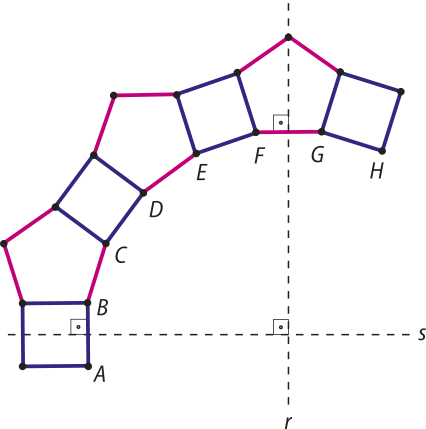 Ilustração de pentágonos e quadrados unidos formando um arco. Quadrados azuis e pentágonos de cor rosa estão unidos por um dos lados, alternadamente. Apenas um dos lados de cada polígono está nomeado. Com a união, esses lados formam parte de um novo polígono. A construção inicia com um quadrado de lado A B, pelo qual passa uma reta horizontal 's', perpendicularmente a ele. Segue com a junção de um pentágono de lado B C, quadrado de lado C D, pentágono de lado D E, quadrado de lado E F e um pentágono de lado F G, pelo qual passa uma reta 'r', perpendicularmente a ele. A construção termina com um quadrado de lado G H. As retas 'r' e 's' são perpendiculares entre si.