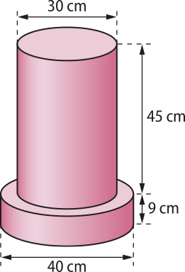 Ilustração de um sólido composto de dois cilindros. Embaixo há um cilindro de diâmetro da base medindo 40 centímetros e altura medindo 9 centímetros. Sobre ele há um cilindro com altura de 45 centímetros e diâmetro da base medindo 30 centímetros.