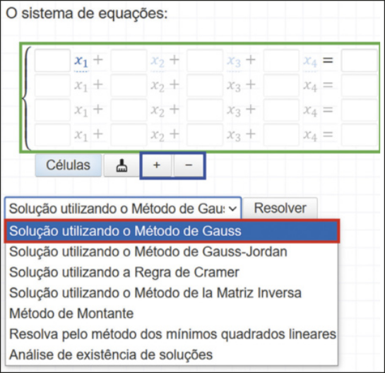 Reprodução da seção de sistemas lineares da página anteriormente descrita. Há uma chave aberta com espaços para serem preenchidos. Abaixo há uma lista de opções de solução, sendo que a opção 'Solução utilizando o Método de Gauss' está selecionada.
