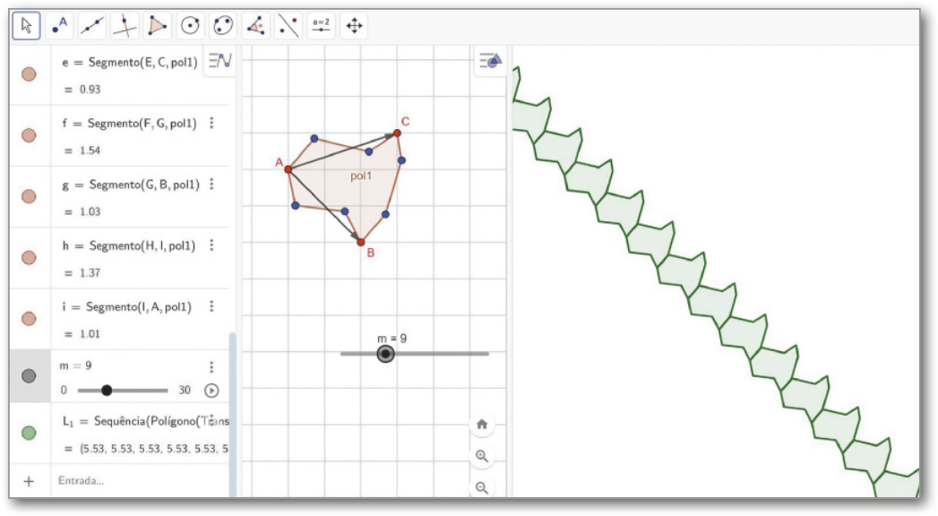 Reprodução da tela principal do programa GeoGebra. O polígono anteriormente construído está na malha quadriculada e há um controle deslizante na parte inferior com a indicação 'm igual a 9' À direita há uma área em branco com uma sequência destes polígonos, um embaixo do outro, agora com contornos em verde.