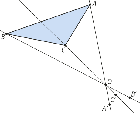 Continuação da ilustração anteriormente descrita. Nas semirretas que se formaram após o cruzamento com o ponto 'O' há três pontos: 'A'' na mesma reta do ponto 'A'. 'B'' na mesma reta do ponto 'B'. 'C'' na mesma reta do ponto 'C'.