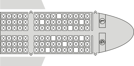 Ilustração de um mapa de assentos de um avião. Ele possui duas colunas de assentos, separadas por um corredor. Há quinze fileiras de assentos em cada uma das colunas e cada fileira tem 3 poltronas. A coluna que fica em cima, na imagem, é denominada 'L' e a outra denominada 'G'. Muitas poltronas estão marcadas com um 'X' e algumas estão em branco. Começando a contar da frente do avião e no sentido das laterais para o corredor: Na coluna 'L' há lugares vagos: na segunda poltrona da segunda fileira, na terceira poltrona da quarta fileira, na primeira poltrona da sexta fileira e na segunda poltrona da nona fileira. Na coluna 'G' há lugares vagos: na terceira poltrona da segunda fileira, na primeira poltrona da terceira fileira, na segunda poltrona da quinta fileira, na terceira poltrona da sétima fileira e na primeira poltrona da oitava fileira.