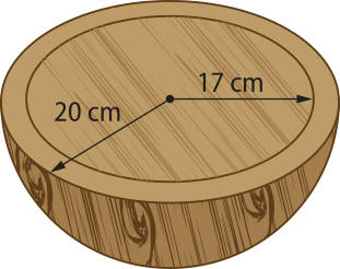 Ilustração de uma peça em cor de madeira e em formato de semiesfera. Ela possui uma parte interna, de raio 17 centímetros e uma parte externa, envolvendo a primeira, de raio 20 centímetros.