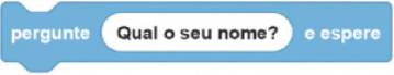 Ilustração de um bloco de programação de cor azul. Nele está escrito: 'pergunte'; 'Qual o seu nome?' em um fundo branco; 'e espere'.