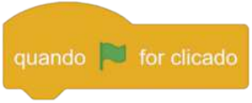 Ilustração de um bloco de programação de cor amarela. Nele está escrito 'quando', uma pequena bandeira verde e 'for clicado'.