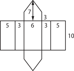 Ilustração de uma planificação. Consiste em 5 retângulos unidos pelo comprimento, que tem medida 10. O primeiro retângulo da sequência tem largura 5, o segundo tem largura 3, o terceiro tem largura 6, o quarto tem largura 3 e o último tem largura 5. Em cima e embaixo do terceiro retângulo da sequência há um pentágono, que compartilha um de seus lados com a largura do retângulo, de medida 6, e possui altura total 7.