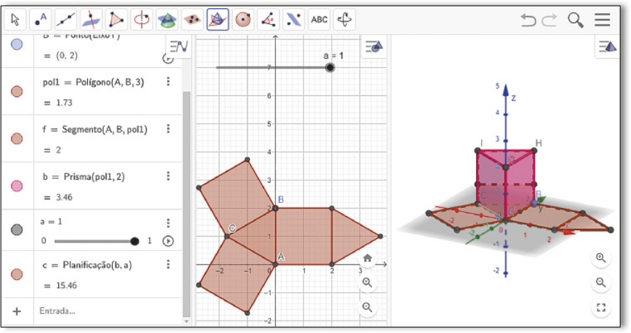 Reprodução da tela do programa anteriormente descrito. Na janela de álgebra há algumas informações. Ao centro há um plano cartesiano com triângulos e quadrados formando uma planificação. Ao lado há um eixo tridimensional onde há um prisma de base triangular ocupando parte da planificação.