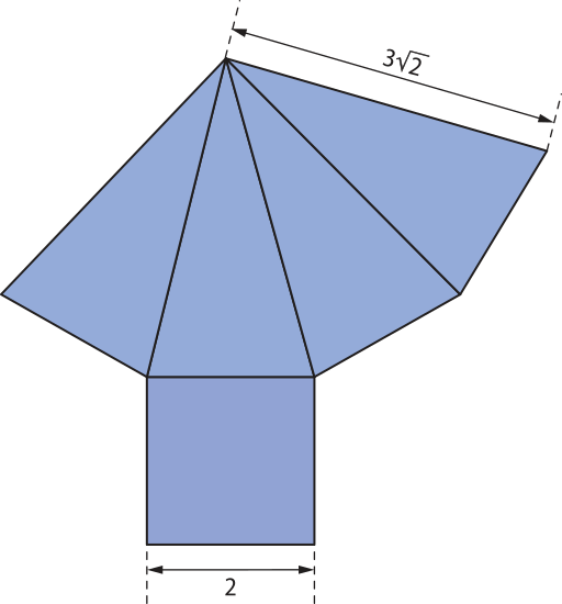 Ilustração de uma planificação. Consiste em quatro triângulos de mesma base, unidos por um de seus lados, de forma que os vértices coincidem em um único ponto. O lado destes triângulos tem medida 3\sqrt{2}{2}. Encaixado na base do segundo triângulo, há um quadrado cujo lado possui mesma medida da base dos triângulos: 2 centímetros.