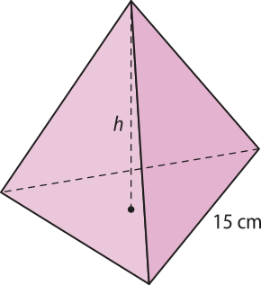 Ilustração de uma pirâmide de base triangular. As arestas possuem 15 centímetros de comprimento. Há um segmento, indicado por 'h', ligando o vértice a um ponto na face oposta.