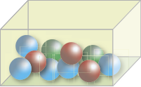 Ilustração de uma caixa transparente com cinco bolas azuis, três bolas vermelhas e duas bolas verdes.