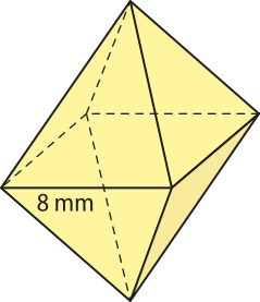 Ilustração de um octaedro regular. Possui o formato de duas pirâmides de base quadrada, unidas pela base. Aresta mede 8 milímetros.