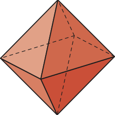 Ilustração de um poliedro. Ele possui quatro faces triangulares que se unem em um ponto e quatro faces triangulares que se unem em outro ponto.